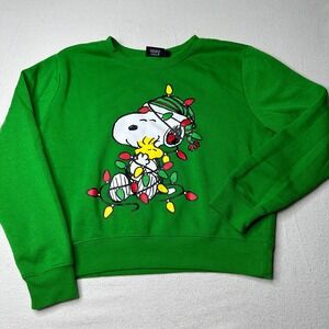 Peanuts Snoopy Woodstock Christmas Lights Sweatshirt Green Womens Large Holiday